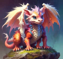 Wall Mural - Illustration of fluffy tiny dragon baby.