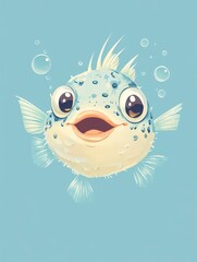 Wall Mural - A cartoon pufferfish with a slightly surprised expression, its spines puffed out, against a minimal pastel blue background. 