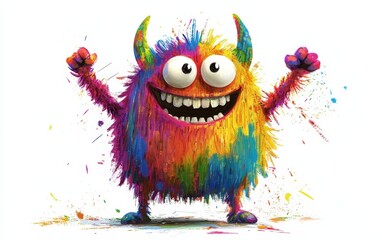 Friendly colorful monster with small horns and a big smile, isolated on a white surface