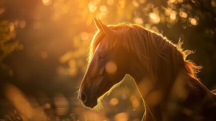 Wall Mural - Sunlit horse with glowing mane in natural light setting