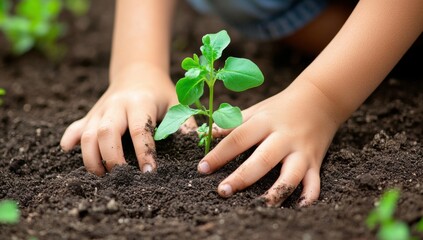 Fototapete - Little Hands, Big Impact: A Child Plants a Seedling