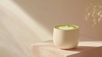 Wall Mural - A frothy Matcha Latte with a perfect blend of cashew milk and matcha powder, served in a chic, minimalist ceramic cup with a latte art design on top.