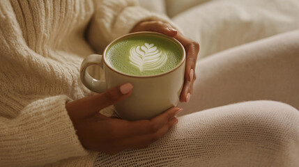 Wall Mural - A frothy Matcha Latte with a perfect blend of cashew milk and matcha powder, served in a chic, minimalist ceramic cup with a latte art design on top.