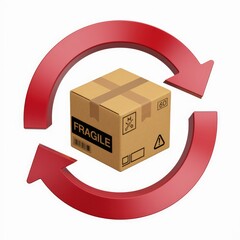Poster - A cardboard box labeled 'fragile' is shown within a circular, red arrow signifying a shipping or delivery process.