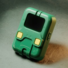 Aufkleber - Retro futuristic handheld device with screen and buttons, showing signs of wear.