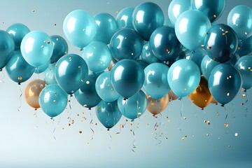 Wall Mural - A blue banner with 3D realistic glossy balloons and scattered confetti on a transparent background, featuring ample blank space for greeting text, captured in high-definition detail for birthdays