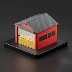 Poster - A 3D rendering of a red warehouse with its roll-up door open, revealing stacks of yellow boxes inside.