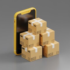 Poster - Mobile phone beside a stack of cardboard boxes, symbolizing online shopping and delivery.