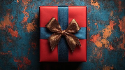 A beautifully wrapped red gift box with a blue ribbon and bow, set against a textured background.