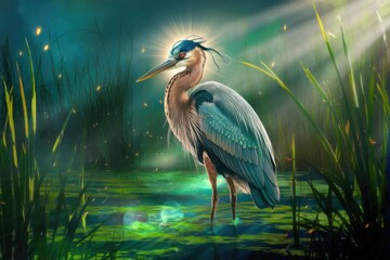 Aufkleber - A majestic heron, bathed in ethereal light, stands gracefully in a tranquil, glowing swamp.