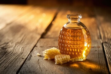 Poster - Golden honey in a glass bottle with honeycomb pieces on a rustic wooden surface.