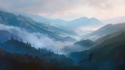 Wall Mural - Mountain landscape at dawn with soft fog and tranquil atmosphere