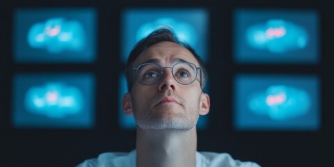 Poster - High-Tech Surveillance Workspace Asian Male Analyst, 32, in Blue-Lit Office Monitors Misinformation Trends - Digital Insight and Truth-Seeking for Contemporary Media Management
