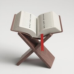 Poster - A brown leather-bound book rests open on a simple, elegant wooden stand, showcasing its blank pages and a red ribbon bookmark.