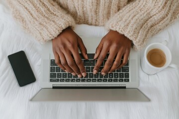 Poster - Cozy Tech Study Hands Typing on Laptop with Coffee and Smartphone - Flexible Remote Learning for Modern Academic Success and Digital Education Tools
