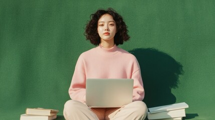 Aufkleber - Digital Campus Serenity Korean Female Student on Vibrant Green Lawn with Laptop and Textbooks - Enhancing Blended Learning and Modern Educational Content Creation