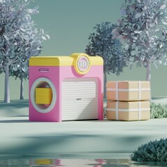 Poster - A pastel pink and yellow delivery station with packages sits in a serene, minimalist landscape.