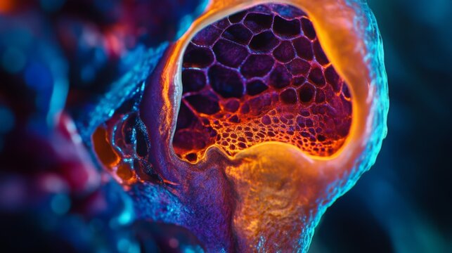 Explore the vibrant beauty of a microscopic world. This image captures stunning organic structures with colorful luminescence and intricate details. Generative AI