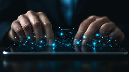 Poster - Digital Network Connection: Close-up of hands interacting with a digital tablet, showcasing a glowing network of interconnected nodes.  The image symbolizes global connectivity.