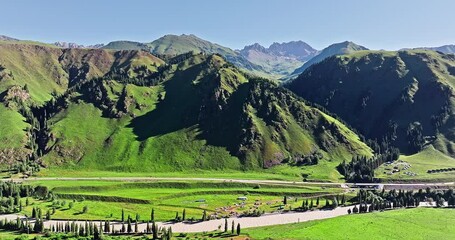 Poster - Green valley and river natural landscape in summer. Beautiful grassland pasture scenery in Xinjiang, China.