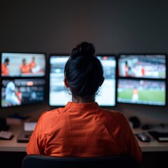 Aufkleber - Contemporary Sports Fandom Setup Athletic South Asian Woman Managing Multiple Live Game Feeds in High-Tech Home Office - Digital Engagement and Fan Culture Content Creation