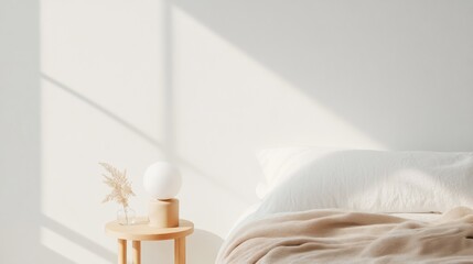 Aufkleber - Minimalist Sleep Sanctuary Soft Neutral Linens and Wooden Bedside Lamp in Modern Bedroom - Enhancing Sleep Wellness and Premium Interior Design for Mindful Lifestyles