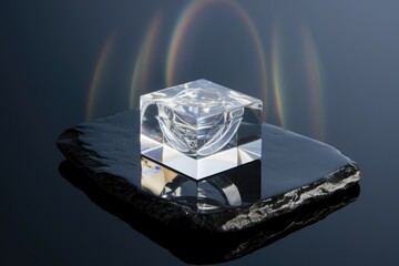 Poster - A clear cubic container rests on a dark stone, subtly reflecting rainbows.