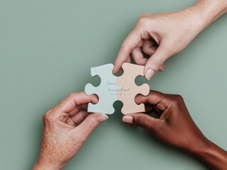 Poster - Minimalist Pastel Puzzle Diverse Hands Connecting Pieces on Soft Green - Team Building Imagery for Corporate Synergy and Educational Collaboration