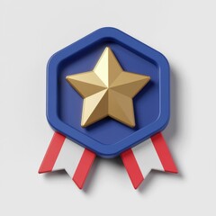 Poster - A 3D rendered blue hexagon badge with a gold star and red and white ribbons, signifying achievement or excellence.