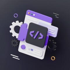 Poster - Web development concept illustrated with 3D elements showcasing coding, gears, and a webpage interface.