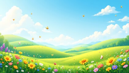 sunny meadow landscape: a vibrant illustration of a sun-drenched meadow, teeming with wildflowers, b