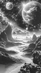 Wall Mural - distant planets and a swirling black hole in outer space landscape surreal background. generative ai