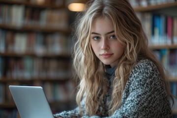 Poster - a woman sits in front of a laptop, focused on her work