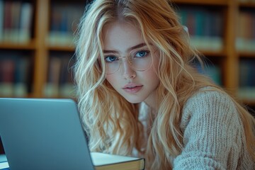 Poster - A woman sits in front of a laptop, focused on the screen