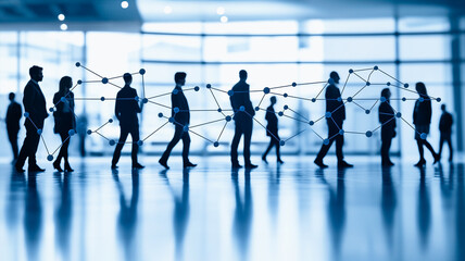 Poster - Global Network: Silhouettes of diverse business people walking in a modern office building, interconnected by a network of lines symbolizing global communication and collaboration.
