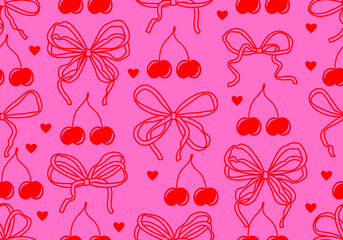 Wall Mural - seamless pattern with bows and heats, cherry. trendy romantic curly pattern with bow, heart, cherry.