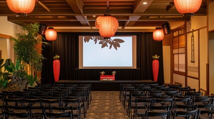 Poster - Conference event space with a large screen and rows of chairs, set up for a business presentation or seminar.