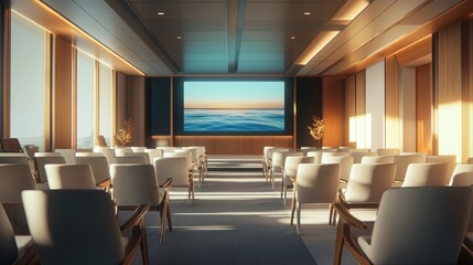 Poster - Conference event space with a large screen and rows of chairs, set up for a business presentation or seminar.
