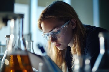 Poster - Woman in lab coat and goggles studying tablet, possible research or analysis scene