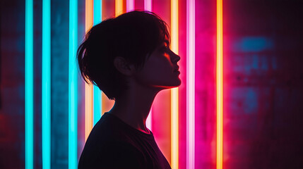 Poster - Silhouette of a person with neon lights in a vibrant profile against a dark background