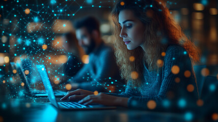 Poster - Connecting the Dots: A focused woman intently types on her laptop, surrounded by a swirling digital network of glowing blue connections.