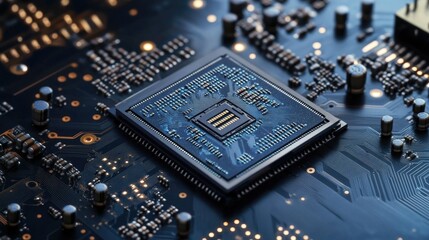 Poster - a close-up view of a computer chip on a motherboard, ideal for tech-related illustrations and explan