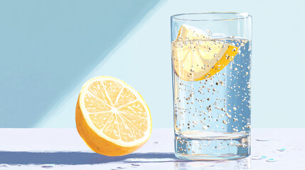 Wall Mural - A glass of sparkling water with refreshing bubbles, served with a slice of lemon for a zesty and pure taste.