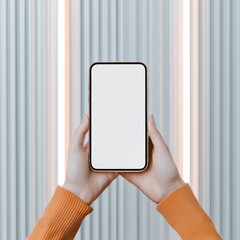 Leinwandbilder - Minimalist Smartphone Showcase Hands in Cozy Knit Sweater Holding Device with Abstract Striped Background - Cutting-Edge Mobile App Promotion for Tech and Digital Marketing