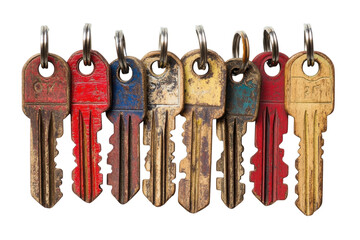 Colorful collection of vintage keys displayed in a straight line with varying colors and conditions under bright lighting