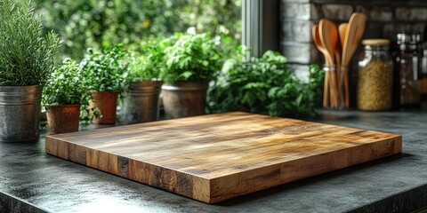 Rustic Kitchen: Wooden Cutting Board with Herbs