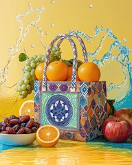 Colorful reusable tote bag filled with fresh fruit, water splash background, healthy snack advertising