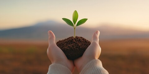 Aufkleber - Modern Eco-Aesthetic Hands Cradling Soil and Seedling Against Sunlit Landscape - Green Marketing Visual for Sustainability Campaigns and Ecological Growth Initiatives