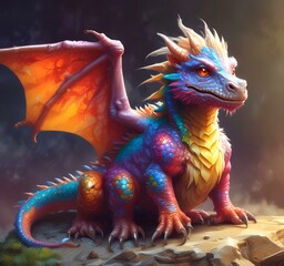 Wall Mural - Illustration of fluffy tiny dragon baby.