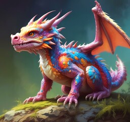 Wall Mural - Illustration of fluffy tiny dragon baby.